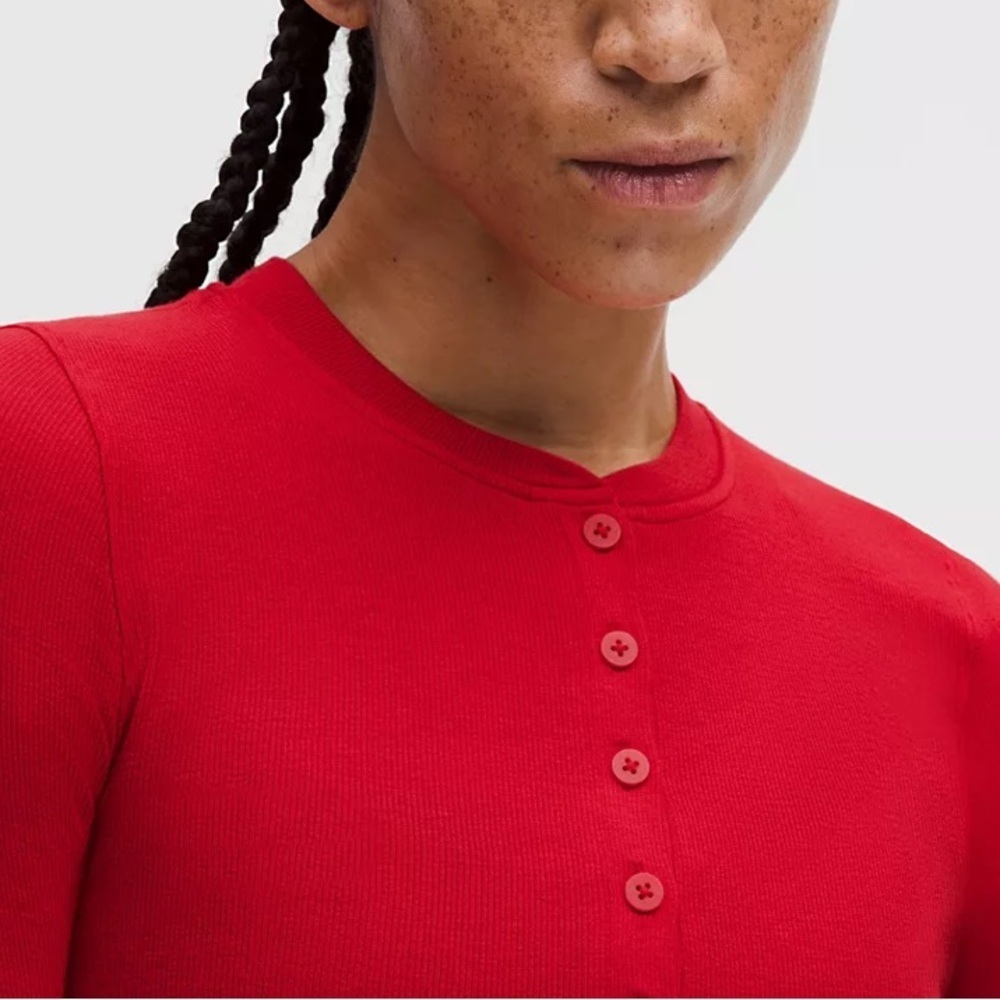 Lululemon Red Ribbed Hold Tight Long Sleeve Henley Top - Picture 4 of 11